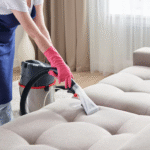 Person using Bissell Spot Clean on carpet stain in modern living room